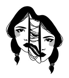 a woman's face is shown through two pieces of the same image, which are drawn in black and white