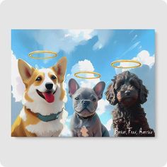 two dogs with angel halos on their heads are sitting next to each other in front of a blue sky