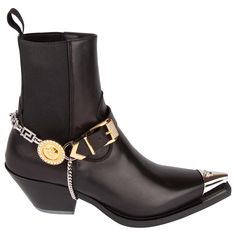 Versace Western Medusa Buckle Leather Ankle Boot Size 38 These Versace ankle boots feature black leather, a removable buckle chain strap, a leather sole, pointed tip, and a 50mm western heel. Brand new. Made in Italy. Size: 38 (IT) Versace Boots, Accessories Png, Versace Heels, Chelsea Boots Men Outfit, Boots Men Outfit, Versace Shoes, Handmade Boot, Ankle Heels, Chelsea Boots Men