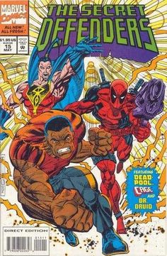 Cover art by Tom Morgan. Strange Changes, Part 1: Strangers and Other Lovers starring Dr. Druid, Luke Cage [Power Man], Deadpool, Shadowoman, and Malachi, script by Tom Brevoort and Mike Kanterovich, pencils by Jerry Decaire, inks by Tony DeZuniga; A new team of Secret Defenders is formed to keep the evil Malachi from gathering the last two pieces of the shattered Moebius Stone of Agamotto. Marvel Masterprints Spider-Man cards bound in. 36 pgs. $1.95. Cover price $1.95. Alpha Flight, Power Man, Luke Cage, Marvel Deadpool, Marvel Comics Art, Comic Books Art