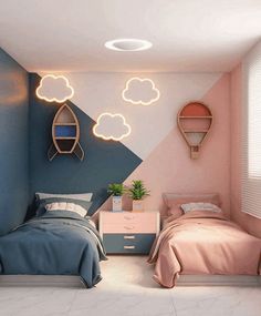 two beds in a room with pink and blue walls, one has a cloud shaped light above the bed