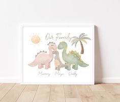 an art print with dinosaurs and palm trees on the wall next to a wooden floor