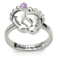 Engraved Baby Feet Ring with Birthstone Platinum Plated Mothers Ring, Baby Rings, Mother Jewelry, Mother Rings, Name Rings, Xiamen, Personalized Rings, Engraved Rings