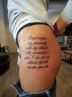 Meaningful Thigh Tattoos For Women Quotes, Black Wemon Tattoos, Ladies Tatoos Ideas Awesome, Leg Tattoos Quotes Women, Upper Thigh Quote Tattoo Women, Meaningful Tattoo Sleeves, Thigh Tats For Women Meaningful, Ladies Thigh Tattoo Ideas, Meaningful Leg Tattoos