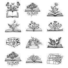 the different types of books and flowers are drawn in black ink on a white background