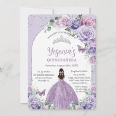 a purple and white princess birthday party with roses on the front, in an ornate frame