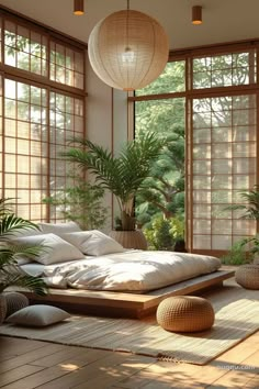 a large bed sitting inside of a bedroom next to two plant filled rooms with big windows