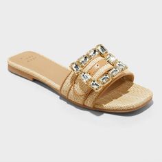 Adorn your feet with the glamorous style of the Kelsey Rhinestone Buckle Slide Sandals from A New Day™. These open-toe sandals feature a rhinestone buckle for a stunning look. The non-marking, textured outsole with a block heel approximately 1 inch high completes the chic aesthetic. Designed with a square toe, these slip-on sandals are great for all occasions. A New Day™: Style that goes wherever you do. Rhinestone Flats, Chic Aesthetic, Footbed Sandals, Glamorous Style, Bow Flats, Rubber Shoes, Buckle Sandals, Espadrille Sandals, Slingback Heel