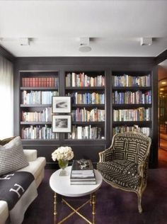 a living room with two couches and a book shelf filled with lots of books