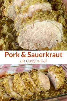 Collage of pork and sauerkraut Pork Loin Roast With Sauerkraut In Oven, Pork And Sauerkraut In Oven, Baked Pork And Sauerkraut, Pork Loin And Sauerkraut In Oven, Pork Chop And Sauerkraut Recipes, Sourkrout Meal Ideas, Pork And Sauerkraut Oven, Pork Loin With Sauerkraut, Center Cut Pork Roast