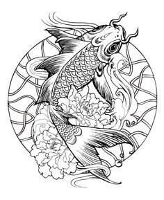 a drawing of a koi fish with flowers in the background