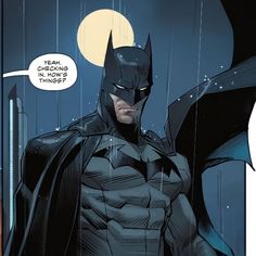 the batman is standing in the rain with his bat out