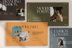 four brochures are shown in different colors and sizes, including one for the fashion gallery