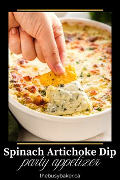 spinach artichoke dip party appetizer recipe in a white casserole dish