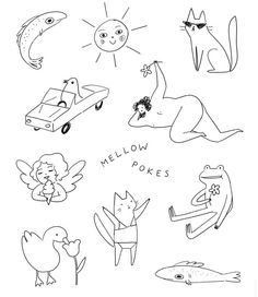 an image of some animals and birds in black and white with the words mellow pokes on it