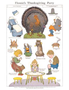 an old thanksgiving poster with children and turkeys on it's sides, including the words flossie's thanksgiving party