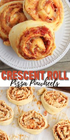 several different types of pizza rolls on a white plate with the words crescent roll pizza sandwiches