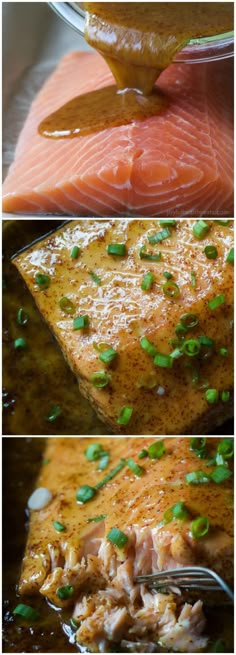 salmon being cooked in a skillet with green onions and seasoning on top, then topped with parsley