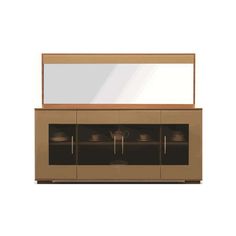 the sideboard is made out of wood and has glass doors on one side, and two drawers on the other