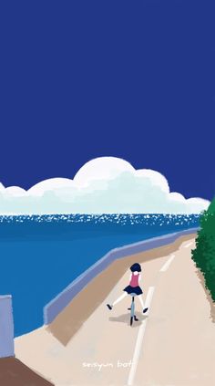 a woman walking down a road next to the ocean under a blue sky with clouds