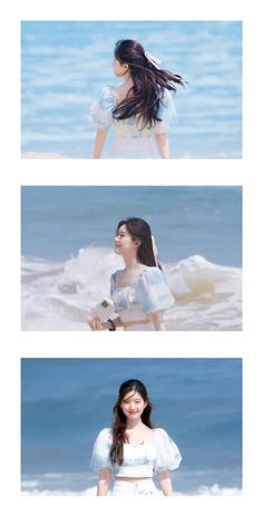 three different images of the same woman in front of an ocean and one with long hair