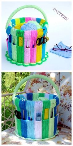 two baskets with different colors and designs on them