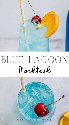 blue lagoon cocktail with oranges and cherries on the rim, served in a tall glass