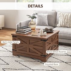 the coffee table is labeled with details on it