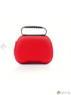 a red case is sitting on a white surface with a black handle and two handles