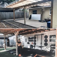 a woman standing in front of a garage next to an outdoor gym with equipment on the ground