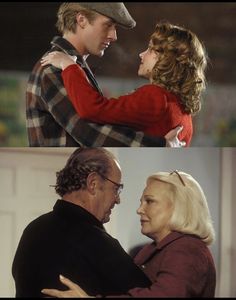 two pictures of the same man and woman hugging each other, one is wearing a red sweater