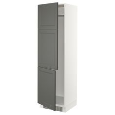 a white and gray cabinet with two doors on each side, in front of a white background