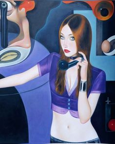 a painting of a woman talking on a phone