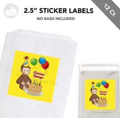 two sticker labels on a bag with balloons and a monkey holding a birthday cake