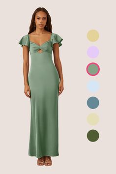 a woman in a long green dress standing next to color swatches and an image of the