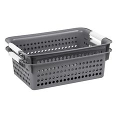 a gray plastic basket with handles