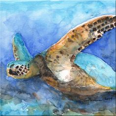 a watercolor painting of a turtle swimming in the blue ocean with its eyes closed