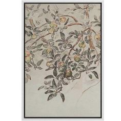 an artistic painting with leaves and fruit on the branches, framed in black frame against a white wall