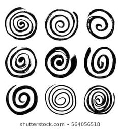 six different spirals drawn in black ink on white paper