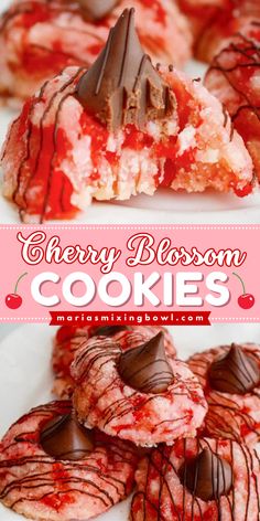 Looking for delicious dessert recipes? Say hello to your new favorite cookies! This simple baking idea starts with maraschino cookies. Topped with a Hershey Kiss and drizzled with chocolate, these easy cherry blossom cookies are such a treat! Cherry Chip Desserts, Chocolate Covered Cherries Cookies, Cherry Blossoms Cookies, Cherry Surprise Balls, Amish Cherry Almond Cookies, Baking Ideas For Valentine’s Day, Cherry Hershey Kiss Cookies, Coconut Cherry Cookies, Marchino Cherry Chocolate Chip Cookies