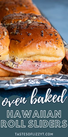 an open - faced hawaiian roll slider with ham and cheese on it in foil