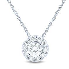 14K white gold halo pendant with 11 round brilliant cut lab grown diamonds weighing approximately 3/8 ct. tw. 18 inch 14K white gold rope chain | 3/8 ct. tw. Lab Grown Diamond Halo Pendant Necklace | 14K White Gold | Size 18" | Light Heart® Helzberg Diamonds, Traditional Diamond, Gold Rope Chains, Halo Pendant, Tiny Diamond, Gold Halo, Diamond Halo, Diamond Bracelets, Rope Chain