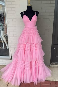 Princess Pink Tiered Layers Tulle Long Formal Gown – Dreamdressy Layered Tulle Prom Dress, Train Fabric, Long Ball Gown, Long Party Gowns, Tulle Neckline, Graduation Gown, Tulle Material