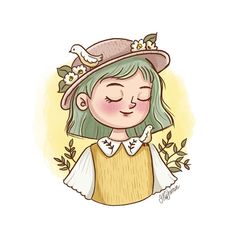 a drawing of a girl wearing a hat with flowers on her head and eyes closed