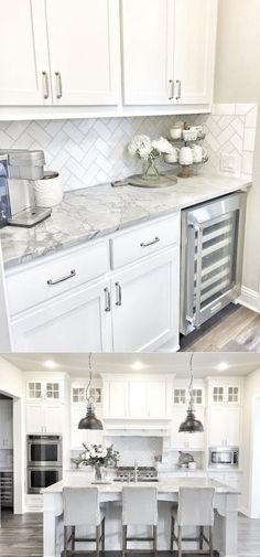 white kitchen with marble counter tops and stainless steel appliances in the center, along with an island