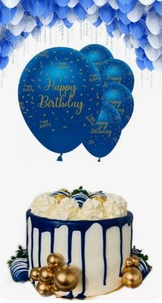 a birthday cake with balloons and confetti on it