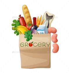 a grocery bag filled with groceries and vegetables - food objects illustrations on separate layers for easy editing