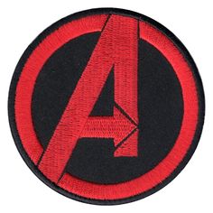 the avengers logo embroidered on a black and red iron - man patch with an arrow