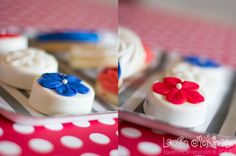 three different types of desserts sitting on a plate with polka dot tablecloth and red white and blue decorations