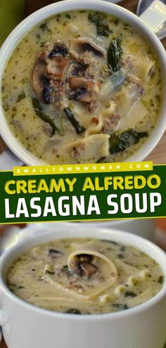 two bowls of creamy alfredo lasagna soup with spinach and mushrooms in them